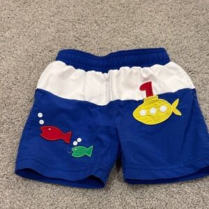 Blue & White Boys' Swim Shorts with Submarine Appliqué